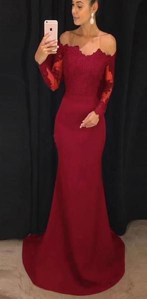 Red Appliques Mermaid Evening Dress, Long Sleeve Prom Dresses for Wedding cg8674