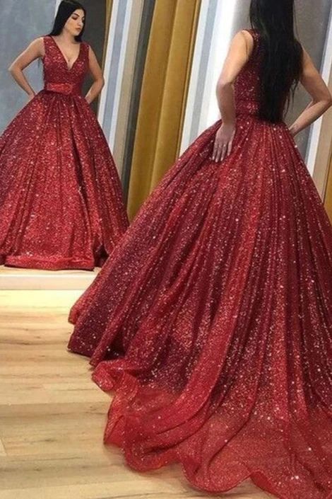 glitter red long formal dres with v neckline prom dresses cg9697
