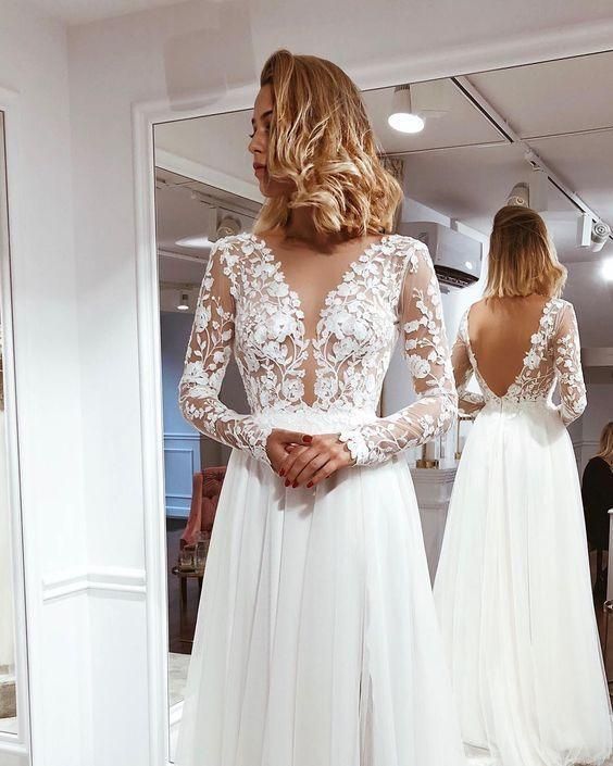 Simple A Line V Neck Open Back Ivory Lace Long Sleeves Prom Dresses cg8705