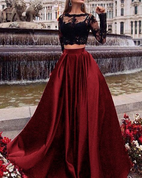 Crop Top Two Pieces Long prom Dress with lace appliques with Long slee classygown