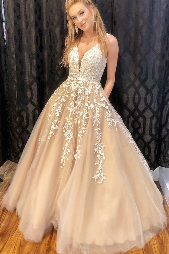 A-line nude and white lace long prom dress with straps cg8708