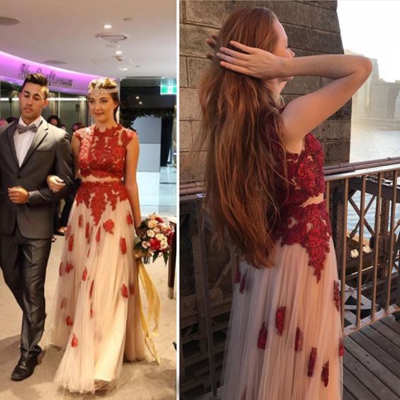 Two pieces prom dress,Red lace applique prom dress,Junior prom dress,Elegant prom dress cg8739
