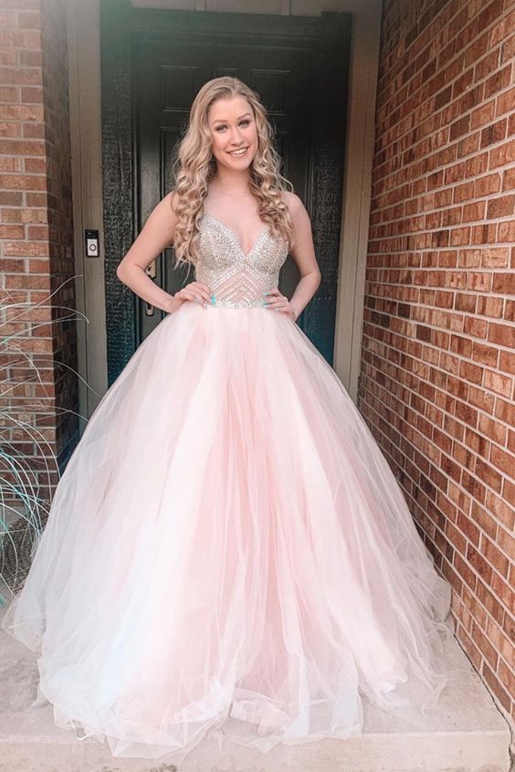 see through beadede bodice pink tulle long prom dress ball gown cg8742 classygown see through beadede bodice pink tulle long prom dress ball gown cg8742 classygown