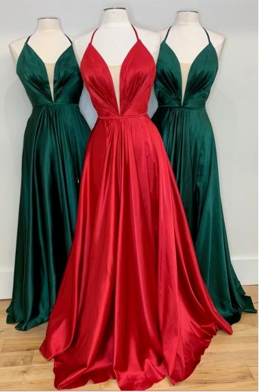 Simple V Neck A-Line Satin Long Prom Dress Floor Length cg8757