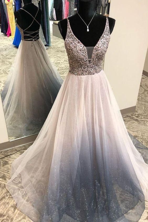 Gorgeous V Neck Silver Beaded Long Prom Dress with Criss Cross Back cg8760