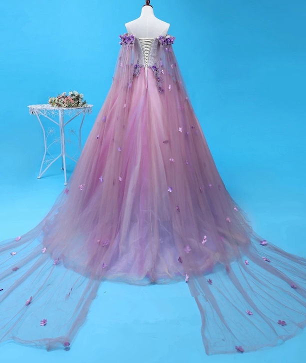 Light Purple Tulle Long Sweet 16 Gown, Flowers Quinceanera prom Dress cg8768