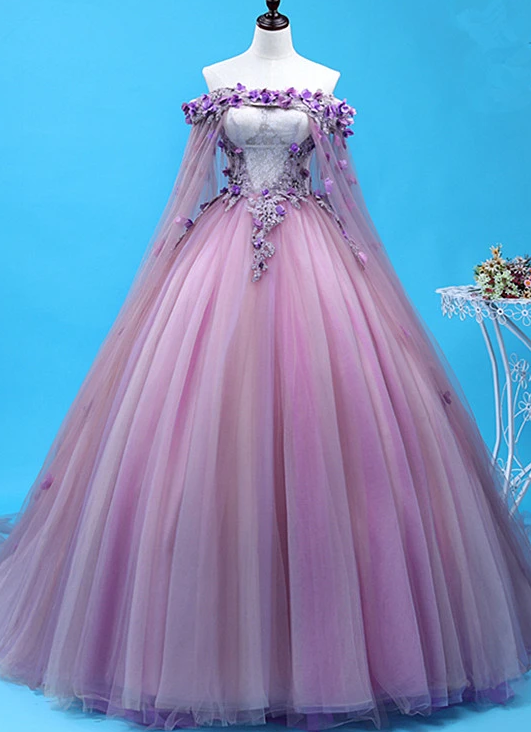 Light Purple Tulle Long Sweet 16 Gown, Flowers Quinceanera prom Dress cg8768