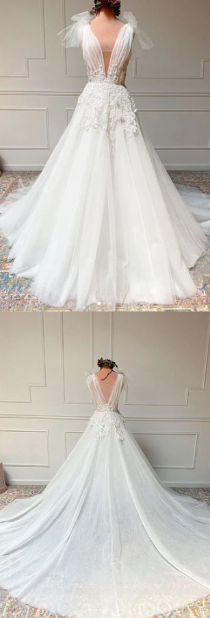 WHITE V NECK TULLE LACE LONG PROM DRESS WHITE TULLE WEDDING DRESS cg8769