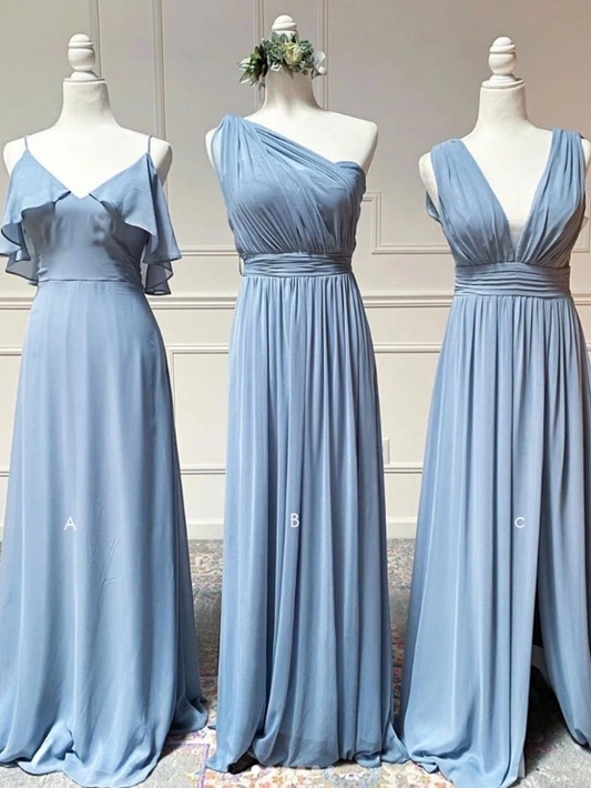 Schlichtes langes blaues Chiffon-Ballkleid, blaues Chiffon-Brautjungfernkleid cg8773