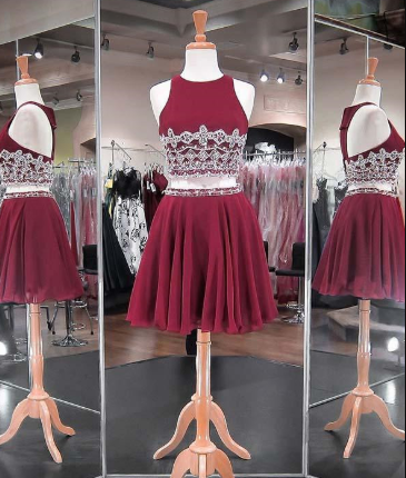 Zweiteilige Homecoming-Kleider Perlenbesatz Chiffonrock Fashion Style Kurze Partykleider cg878