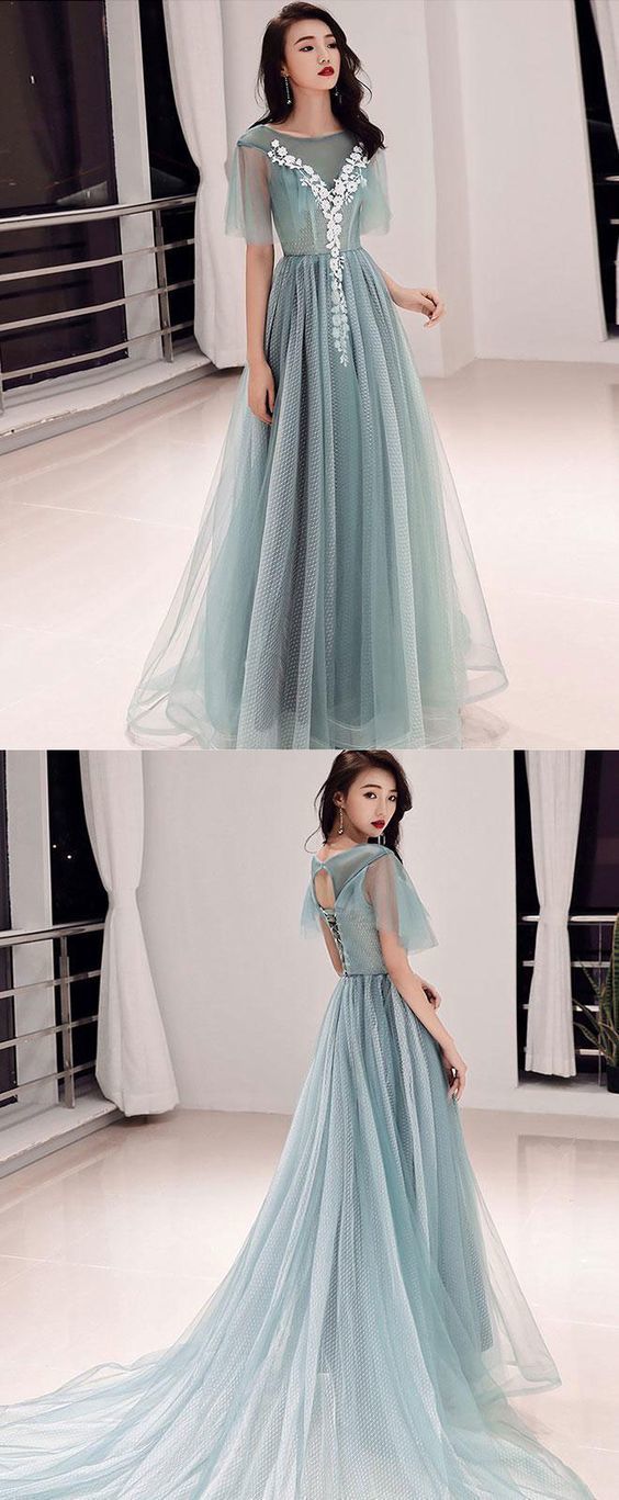 Green round neck tulle lace long prom dress, green evening dress cg8781