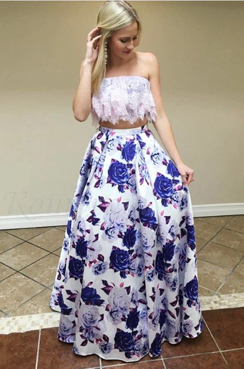 Two Piece Strapless Floor-Length Floral Printed Prom Dress with Lace Top cg8785