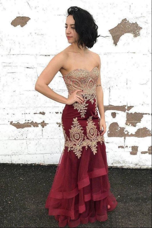Sexy Burgundy Tulle Strapless Sleeveless Long Lace Up Multi-layered Evening Dress Prom Dresses cg8791