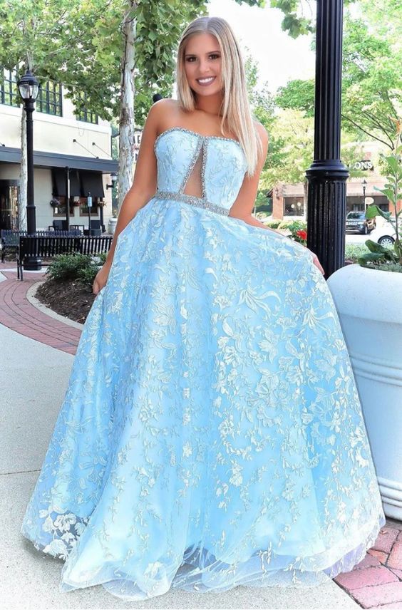 Stunning A-line Strapless Sky Blue Lace Beaded Long Prom Dresses Evening Dress cg8792