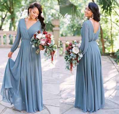 Long Sleeves Dusty Blue Chiffon Long Party prom Dress cg8805