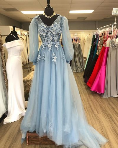 Bell Sleeves Blue Long Formal prom Dress cg8807