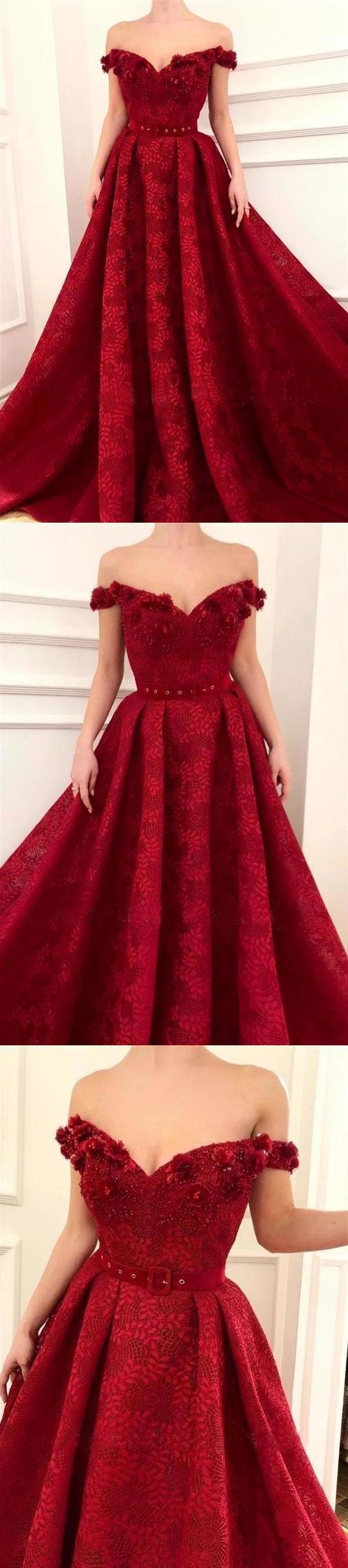 Charming Red Lace Off the Shoulder Prom Dresses, V Neck Handmade Flowers Party Dresses cg8812