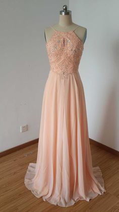 Backless Spaghetti Straps Light Peach Chiffon Long Prom Dress cg8813