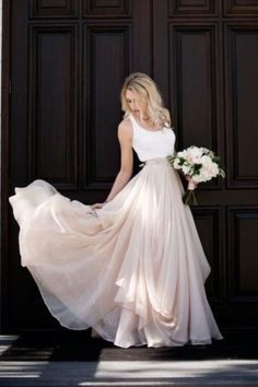 blush pink wedding skirt with white top crop Long Prom Dress cg8815