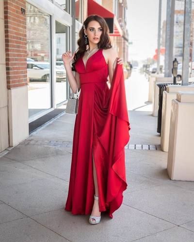Charming V neck Sleeveless Red Evening prom Dress with Side Slit cg8826