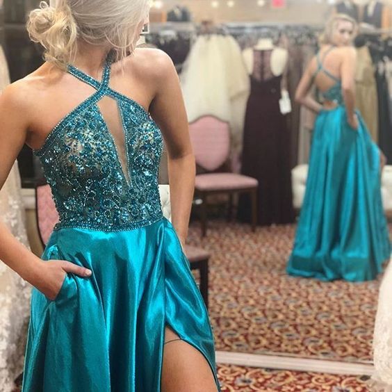 Beaded Halter Blue A Line Prom Dress with Slit long prom dress eveni classygown