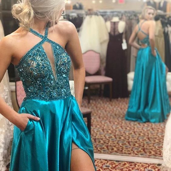 Beaded Halter Blue A-Line Prom Dress with Slit, long prom dress, evening dress,prom dress cg8829