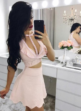 Fesselndes Homecoming-Kleid in Rosa, Homecoming-Kleid aus Spitze, Homecoming-Kleid zweiteilig cg885