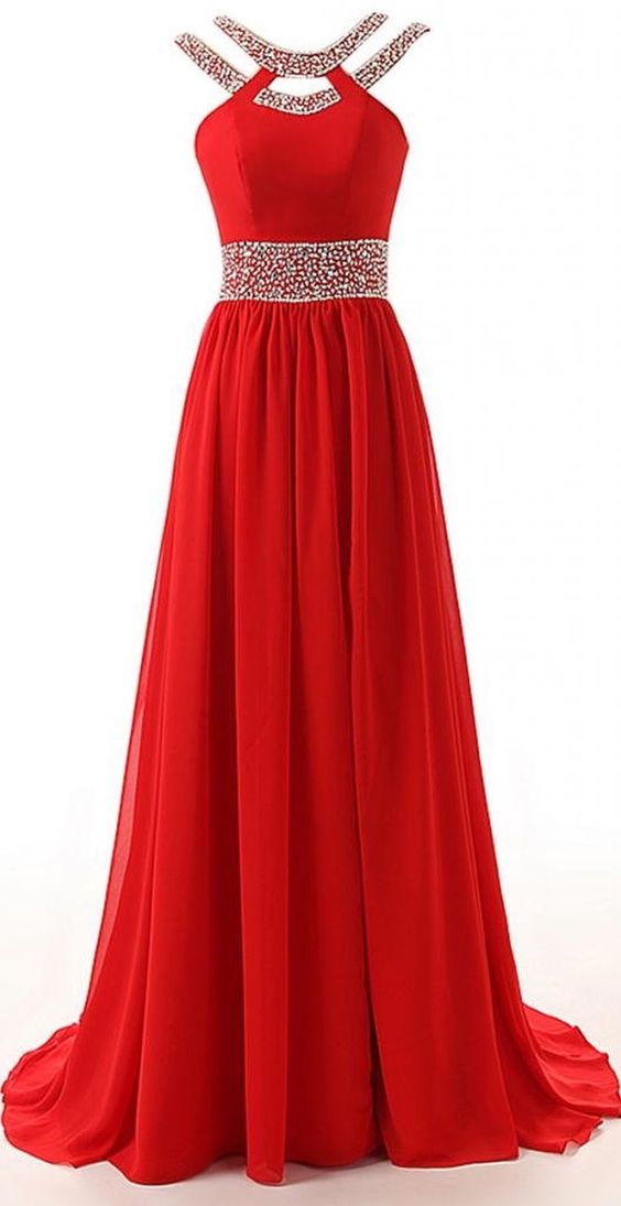 Long A-Line Red Split Beaded Chiffon Evening Winter Formal Prom Dress cg8852