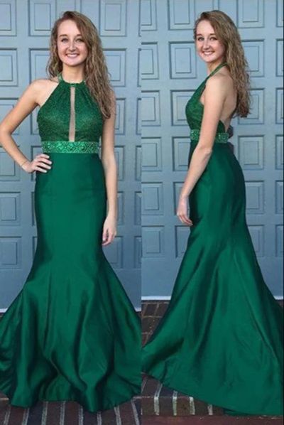 Mermaid Halter Sleeveless Sweep Train Backless Green Prom Dress with Lace Beading cg8868