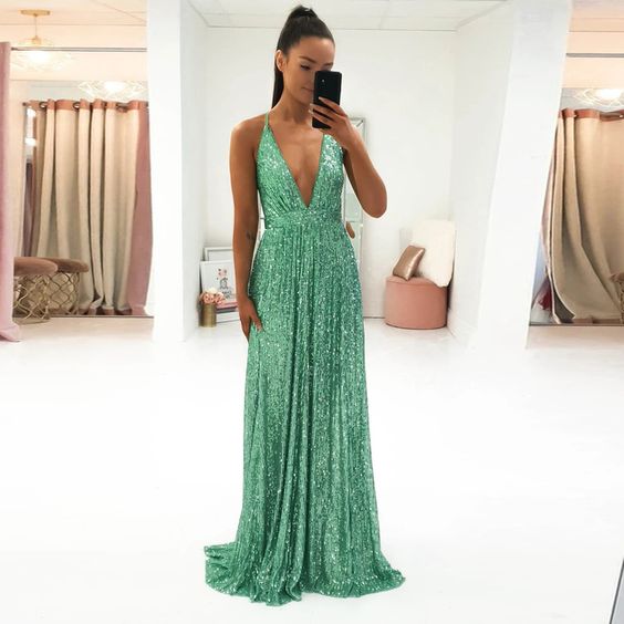 2020 Sequined Prom Dress Sexy Deep V Neck Formal Evening Gown Open Back Mint Green cg8877