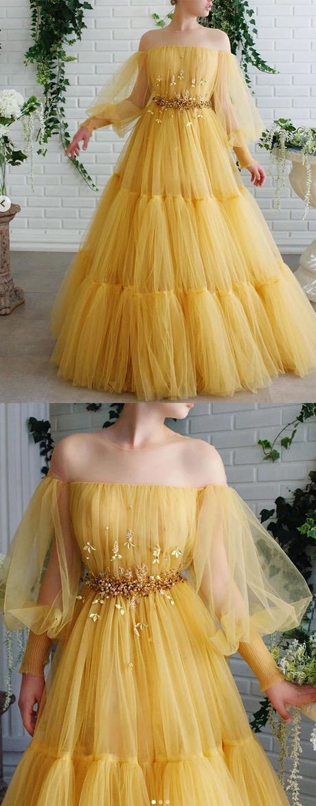 Yellow Tulle Off Shoulder Long A Line Formal Prom Dress With Sleeves cg8889