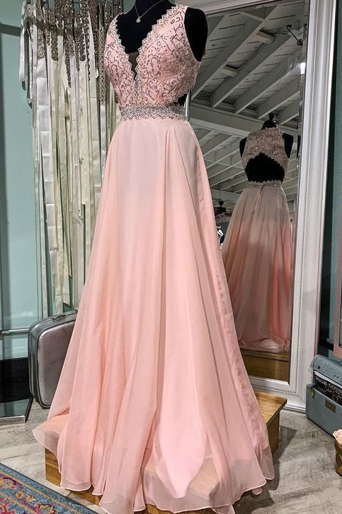 V neck Pink Prom Dress, A Line Beaded Prom Dresses, Long Evening Dress classygown V neck Pink Prom Dress, A Line Beaded Prom Dresses, Long Evening Dress classygown