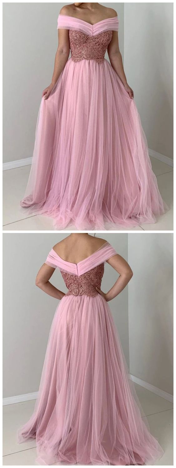 A-line Off the Shoulder Tulle Long Prom Dress with Lace Appliques cg8928