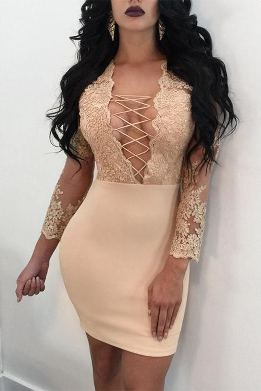 Kurzes, figurbetontes Homecoming-Kleid mit Schnürung, aushöhlen, transparente Stickerei, cg893