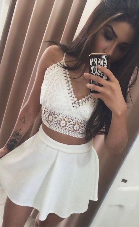 Two Piece Spaghetti Straps Short White Homecoming Dress with Lace cg8957