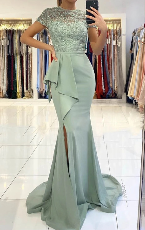 Green lace long prom dress mermaid evening dress cg8966