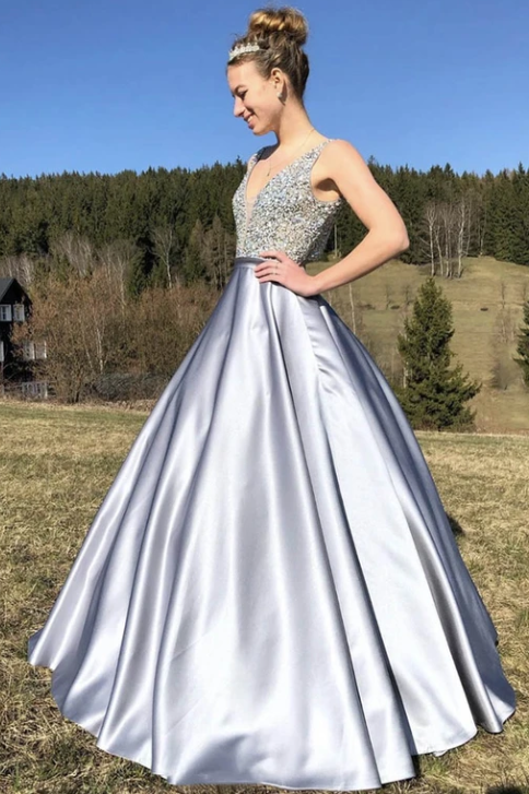 Gray satin beads long prom dress evening dress cg8967