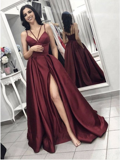 burgundy dress with train Burgundy Mermaid V-neck Lace Prom Dresses With Train, Party Dresses, MP799