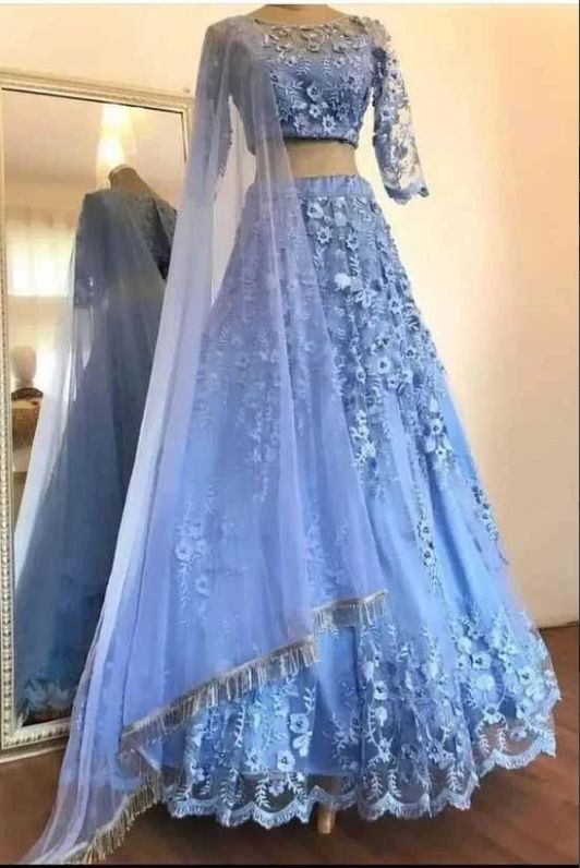 Elegant Blue Two Pieces Lace Appliques Scoop 3/4 Sleeve Long Cheap Prom Dresses cg8984