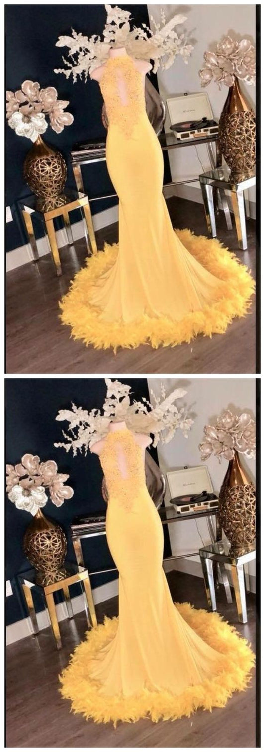 Charmantes gelbes Meerjungfrau-Ballkleid mit hohem Halsausschnitt, cg8990