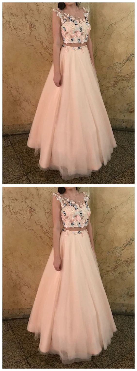 Two Piece Round Neck Pink Tulle Prom Dress with Appliques cg8994