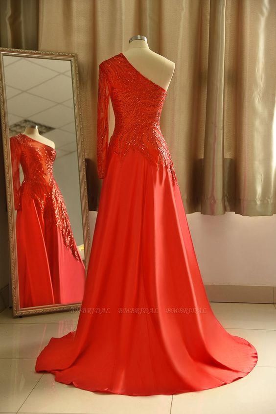 Chic One-Shoulder Red Sequined Prom Dresses One-Sleeve Sexy Party Dress cg9008