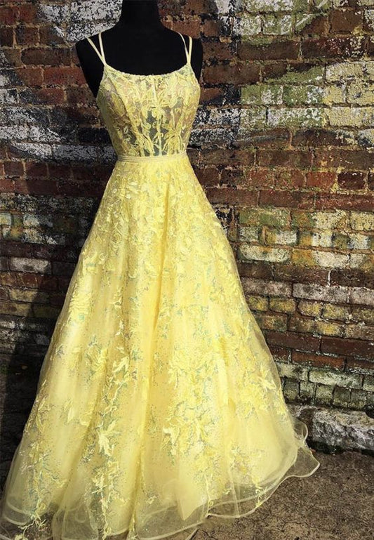 Gelbes langes Ballkleid aus Tüllspitze, Abendkleid cg9009