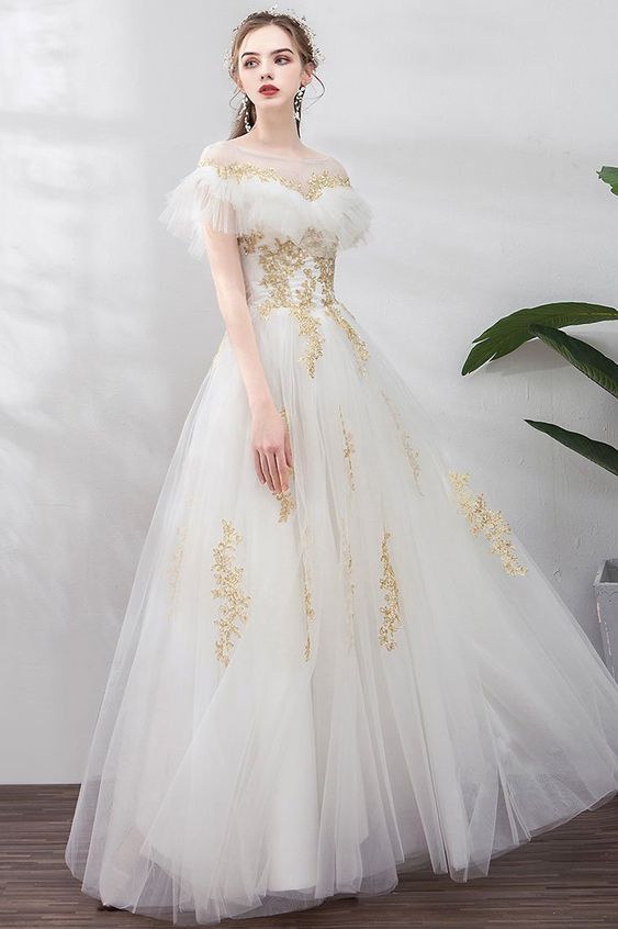 White Tulle Gold Lace Applique Long Ruffles Senior Prom Dress, Formal Dress cg9023