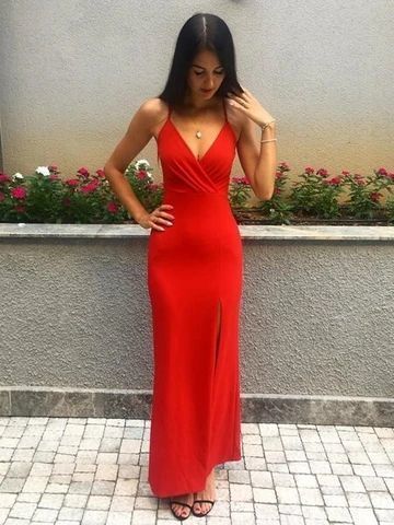 V Neck Mermaid Floor Length Red Prom Dress cg9042