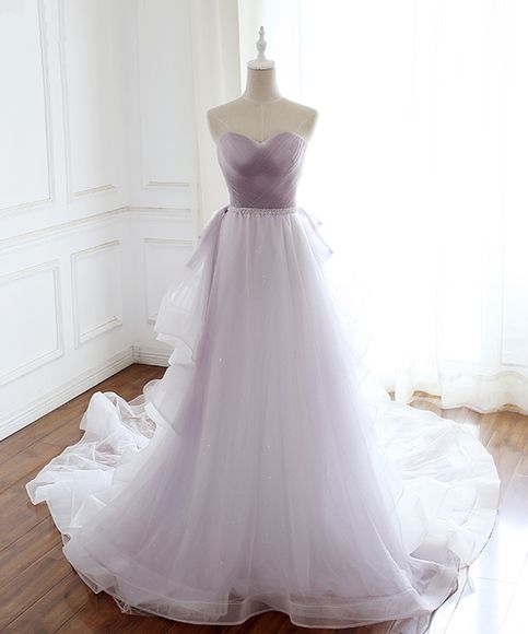 Sweetheart neck light lavender tulle long beaded evening dress Prom Dress cg9044