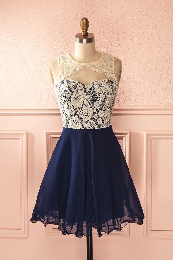 Cute Round Neck Lace Homecoming Dress,Navy Blue Lace Short cg9071