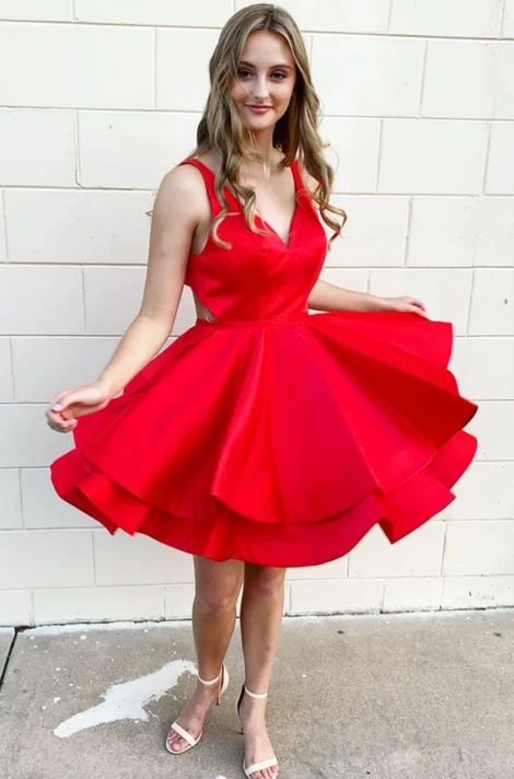 Simple red v neck satin short dress red homecoming dress cg9077
