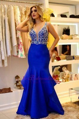 Modernes ärmelloses königsblaues Meerjungfrau-Ballkleid mit Trägern und Rüschen cg9089
