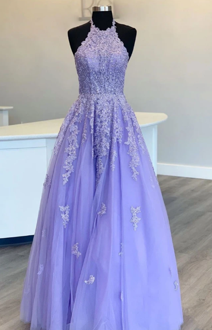 PURPLE TULLE HIGH NECK LACE LONG PROM DRESS PURPLE EVENING DRESS cg9108